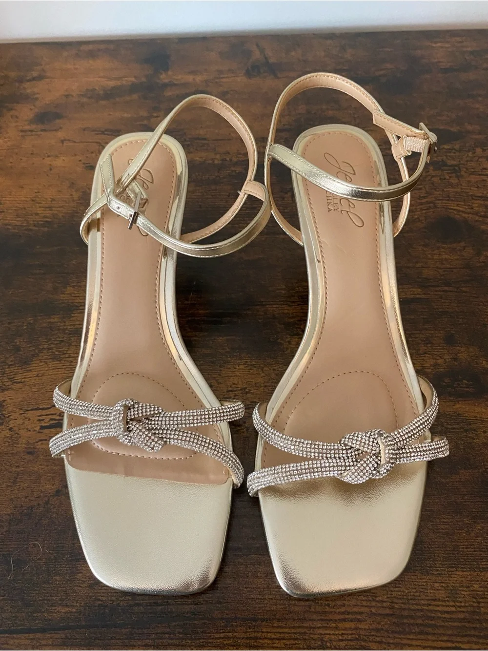 Jewel Badgley Mischka Gold Knotted Crystal-Strap Ankle Sandals